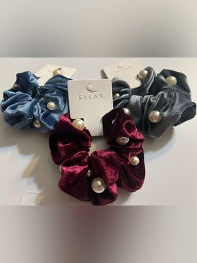 ELLAS Faux Pearl Hair Scrunchie 3 Piece Set- Burgundy, Light Blue & Grey NWT